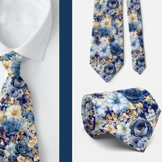 ネイビーブルー金ゴールドフローラ水彩結婚花 ネクタイ