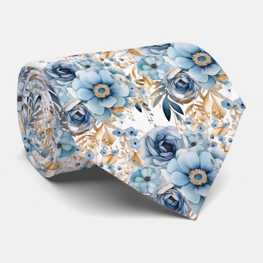ネイビーブルー金ゴールドフローラ水彩結婚花 ネクタイ (ロール)