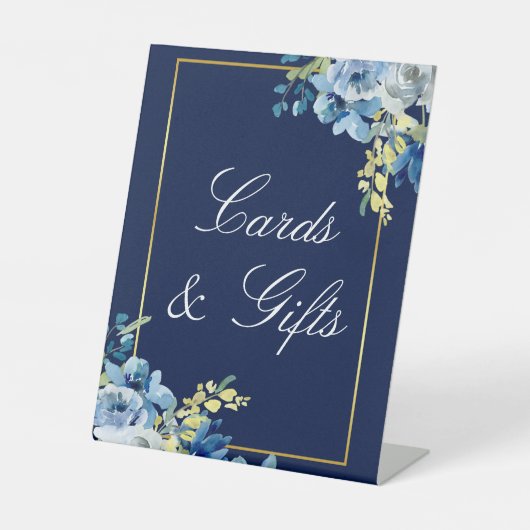 ネイビーブルー金ゴールドフローラ結婚のシックなカード&ギフト 台座サイン (正面)