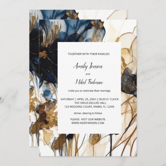 ネイビーブルー金ゴールドフローラ結婚式招待状 招待状 (正面/裏面)