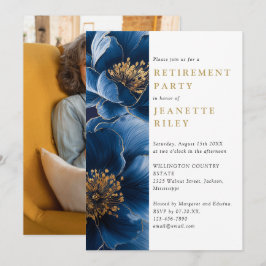 ネイビーブルー金ゴールドフローラ退職パーティー写真 招待状