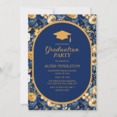 ネイビーブルー金ゴールドフローラ高校卒業式キャップ 招待状 (正面)