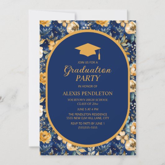 ネイビーブルー金ゴールドフローラ高校卒業式キャップ 招待状 (正面)