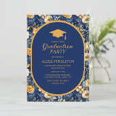 ネイビーブルー金ゴールドフローラ高校卒業式キャップ 招待状 (スタンド正面)