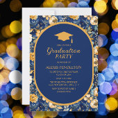 ネイビーブルー金ゴールドフローラ高校卒業式キャップ 招待状