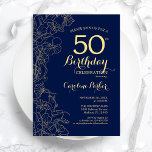 ネイビーブルー金ゴールドフローラ50thバースデーパーティー 招待状<br><div class="desc">ネイビーブルー金ゴールドフローラ50th誕生日パーティーの招待。ボタニカルモダンアウトラインスケッチアクセント、金ゴールドフォイルフェイク、タイポグラフィスクリプトフォントを備えたミニマルなデザイン。トレンディーシンプル招待状カードは女性の日スタイリッシュお祝いに最適。任意のカスタマイズ年齢にすることができる。印刷されたZazzle招待状または即時ダウンロードのデジタル印刷可能なテンプレート。</div>