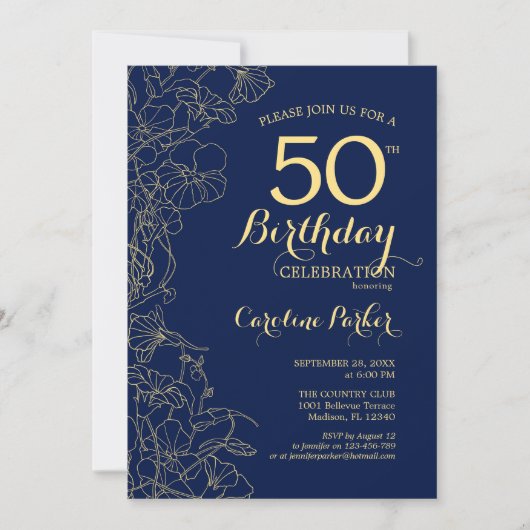 ネイビーブルー金ゴールドフローラ50thバースデーパーティー 招待状 (正面)