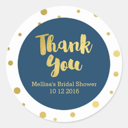 ネイビーブルー金ゴールドブライダルシャワーサンキューメッセージカード ラウンドシール (正面)