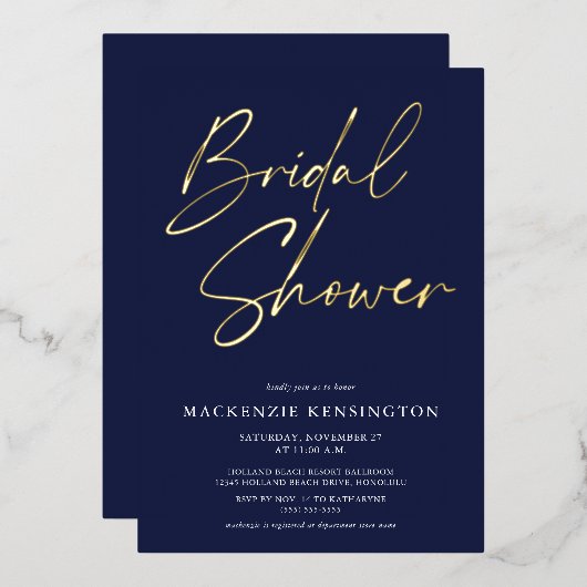 ネイビーブルー金ゴールドブライダルシャワー 箔招待状 (正面/裏面)