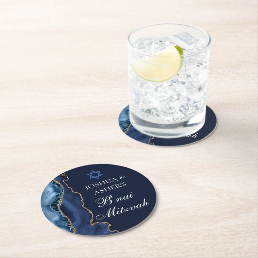 ネイビーブルー金ゴールドブライ(ユダヤ教の)バル・ミツバーエレガントパーティー ラウンドペーパーコースター (インサイチュ)