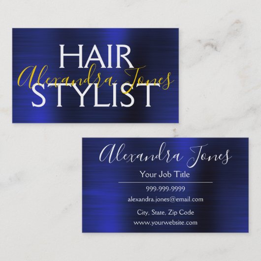 ネイビーブルー金ゴールドブラシ付きメタル美容師 名刺 (正面/裏面)