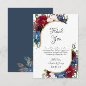 ネイビーブルー金ゴールドブルガンディーレッド赤面結婚フローラ サンキューカード (正面/裏面)