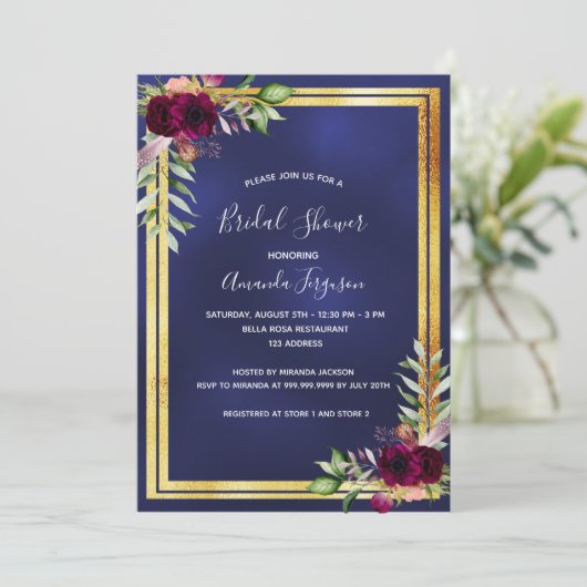 ネイビーブルー金ゴールドブルゴーニュ花模様ブライダルシャワー 招待状 (スタンド正面)