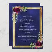 ネイビーブルー金ゴールドブルゴーニュ花模様ブライダルシャワー 招待状 (正面/裏面)