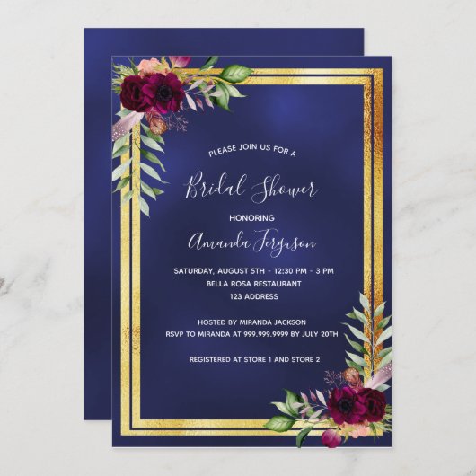 ネイビーブルー金ゴールドブルゴーニュ花模様ブライダルシャワー 招待状 (正面/裏面)