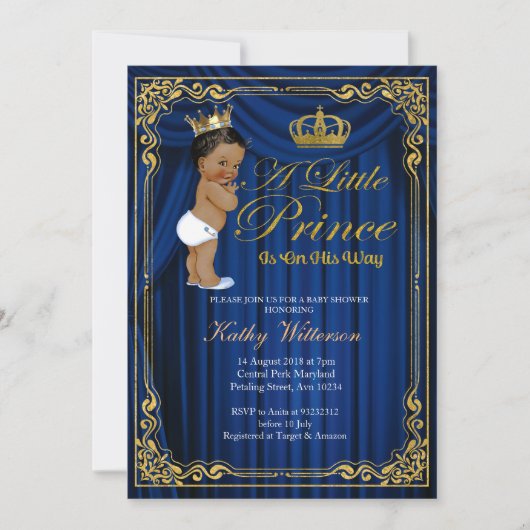 ネイビーブルー金ゴールドプリンスエスニックベイビーシャワー招待状 招待状 (正面)