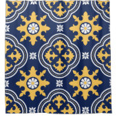 ネイビーブルー金ゴールドホワイトモロッコアラベスクのタイル シャワーカーテン (正面)