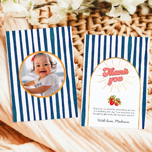ネイビーブルー金ゴールドホワイト誕生日フォトストロベリー サンキューカード