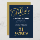 ネイビーブルー金ゴールドホワイト21歳の誕生日パーティー 招待状 (正面/裏面)