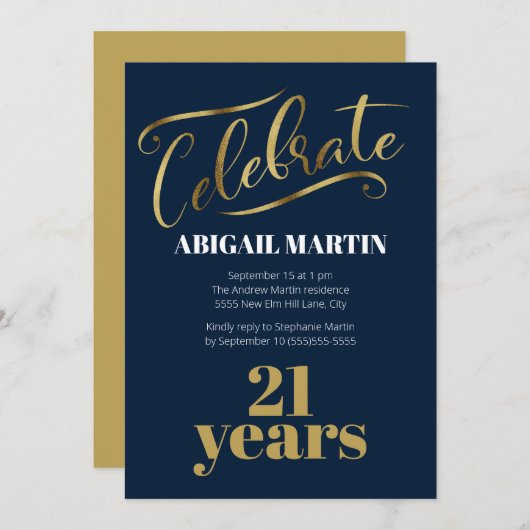 ネイビーブルー金ゴールドホワイト21歳の誕生日パーティー 招待状 (正面/裏面)