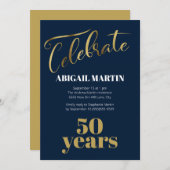ネイビーブルー金ゴールドホワイト50thバースデーパーティー 招待状 (正面/裏面)