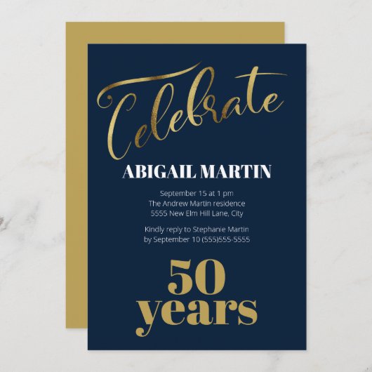 ネイビーブルー金ゴールドホワイト50thバースデーパーティー 招待状 (正面/裏面)