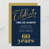 ネイビーブルー金ゴールドホワイト60thバースデーパーティー 招待状 (正面/裏面)