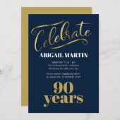 ネイビーブルー金ゴールドホワイト90thバースデーパーティー 招待状 (正面/裏面)