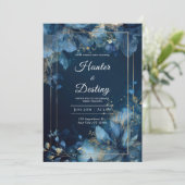 ネイビーブルー金ゴールドボタニカル結婚式招待状 招待状 (スタンド正面)