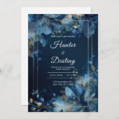 ネイビーブルー金ゴールドボタニカル結婚式招待状 招待状 (正面/裏面)