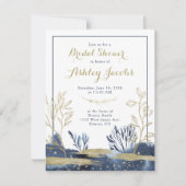 ネイビーブルー金ゴールドボホフローラブライダルシャワー 招待状 (正面)