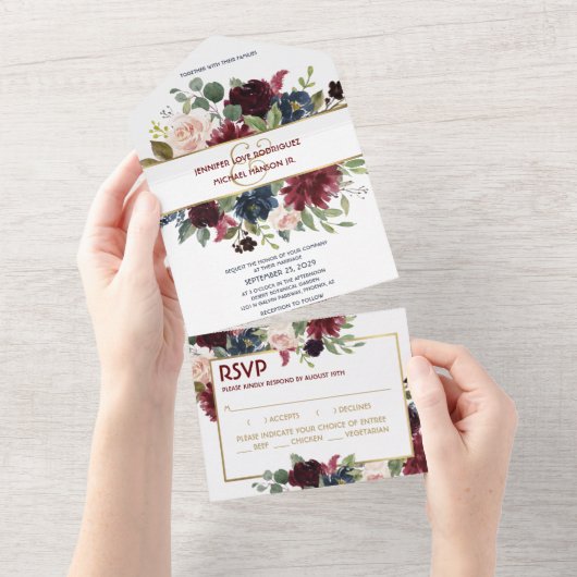 ネイビーブルー金ゴールドボホRSVPすべて1つの結婚式の招待 オールインワン招待状 (貼ってはがせる)