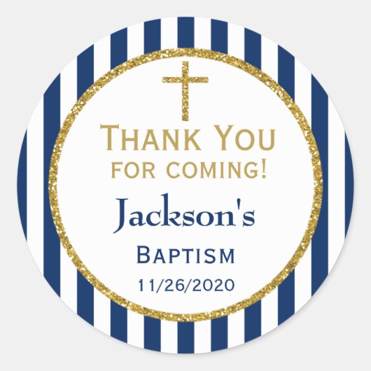 ネイビーブルー金ゴールドボーイズバプティスサンキューメッセージカード ラウンドシール (正面)