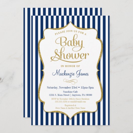 ネイビーブルー金ゴールドボーイベビーシャワー招待状ストライプ 招待状 (正面/裏面)