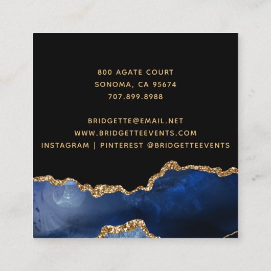 ネイビーブルー金ゴールドマーブルアゲートイベントプランナー スクエア名刺 (裏面)