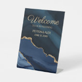 ネイビーブルー金ゴールドマーブルアゲート結婚トの歓迎 台座サイン (正面)