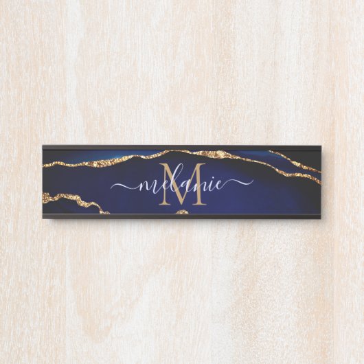 ネイビーブルー金ゴールドマーブルドアサイン名前をカスタムするレター サインプレート (正面)