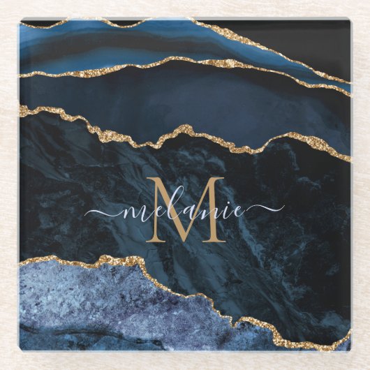 ネイビーブルー金ゴールドマーブルモノグラム名ガラスコスター ガラスコースター (正面)