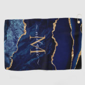 ネイビーブルー金ゴールドマーブルモノグラム名ゴルフタオル ゴルフタオル (横)