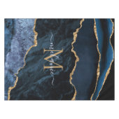 ネイビーブルー金ゴールドマーブルモノグラム名テーブルクロス テーブルクロス (正面(横))