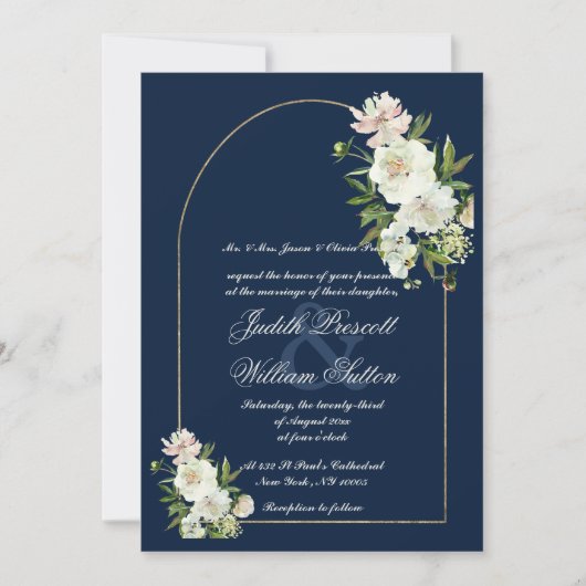 ネイビーブルー金ゴールドミント白い牡丹結婚フローラ 招待状 (正面)
