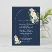 ネイビーブルー金ゴールドミント白い牡丹結婚フローラ 招待状 (スタンド正面)