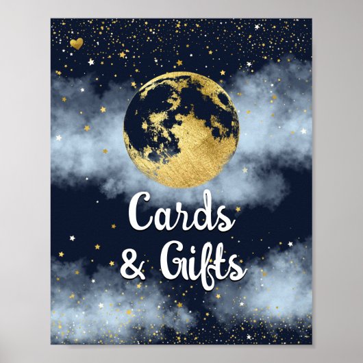 ネイビーブルー金ゴールドムーン&スターベビーシャワーのサイン ポスター (正面)