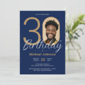 ネイビーブルー金ゴールドメンズ30歳の誕生日 招待状 (スタンド正面)