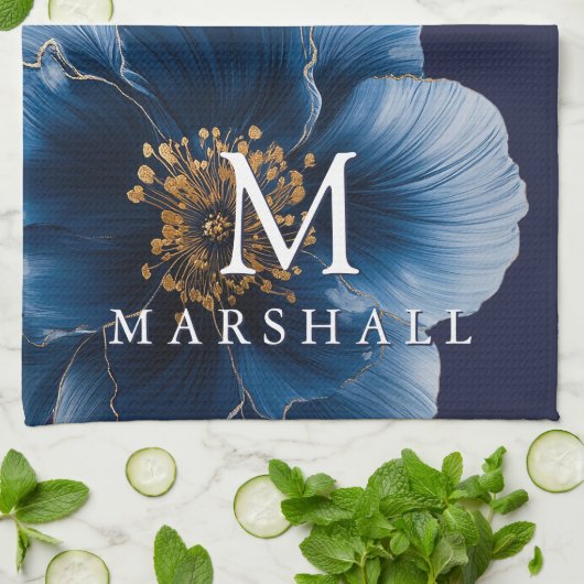 ネイビーブルー金ゴールドモダンフローラモノグラムファミリー名 キッチンタオル (折り畳み)