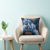 ネイビーブルー金ゴールドモダンフローラモノグラムファミリー名 クッション (椅子)
