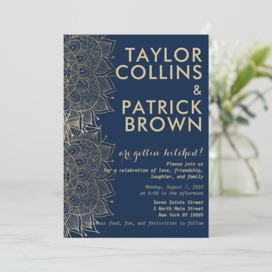 ネイビーブルー金ゴールドモダンフローラ結婚マンダラ 招待状 (スタンド正面)