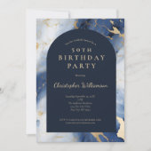ネイビーブルー金ゴールドモダンマーブルアーチ50誕生日 招待状 (正面)