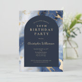 ネイビーブルー金ゴールドモダンマーブルアーチ50誕生日 招待状 (スタンド正面)