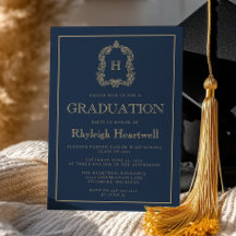 ネイビーブルー金ゴールドモノグラムクレスト卒業パーティー